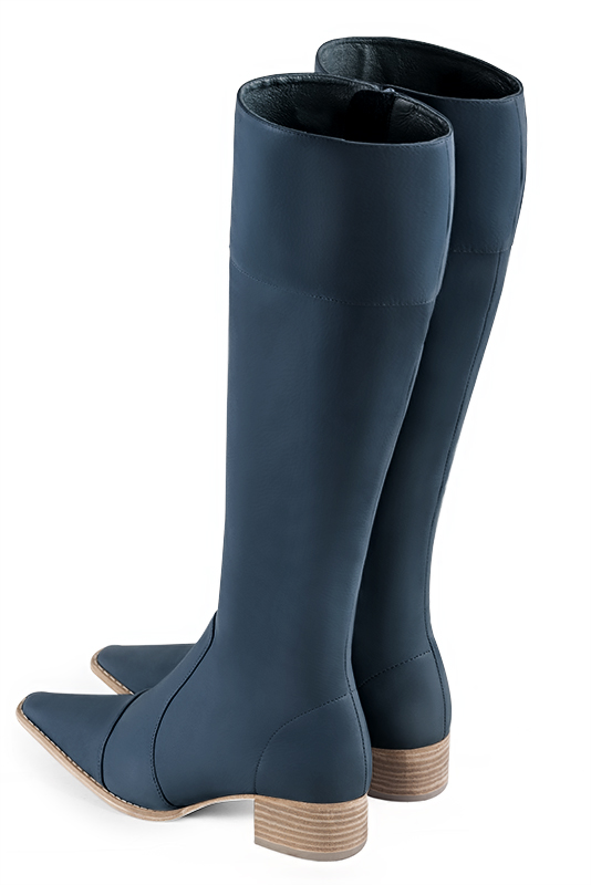 Denim blue women's riding knee-high boots. Tapered toe. Low leather soles. Made to measure. Rear view - Florence KOOIJMAN